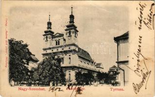1902 Nagyszombat, Tyrnau, Trnava; Pázmány tér, Invalidus templom és rokkantak háza. Bediene dich allein / square, church and institute for the disabled (gyűrődés / crease)