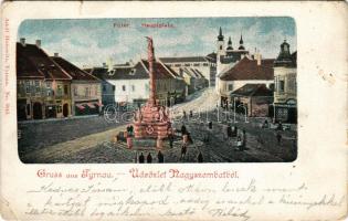 Nagyszombat, Tyrnau, Trnava; Fő tér, Szentháromság szobor, üzletek. Adolf Horovitz kiadása / main square, trinity statue, shops (kis szakadások / small tears)
