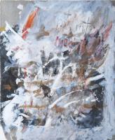 Misch Ádám (1935-1995): Megint és újra, 1985. Vegyes technika, papír, jelezve középen lent. Üvegezett fakeretben. Lapszéli kisebb sérüléssel és szakadással. 30×25 cm.