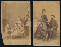 cca 1860-1870 Vaszary család tagjait ábrázoló 2 db vizitkártya, a hátoldalon feliratozva, részben sérült, foltos, 10x6 cm körül