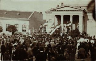 1901 Nyitra, Nitra; Kossuth tér, Nemzeti Színház, ünnepség, magyar zászlók / theatre, ceremony, Hungarian flags. photo (ragasztónyomok / glue marks)
