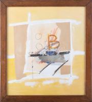 Misch Ádám (1935-1995): Leucht (cím nélkül), 1982. Vegyes technika, kollázs, papír, jelezve jobbra középen lent. Üvegezett fakeretben. 36×32 cm.