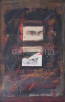 Misch Ádám (1935-1995): Figyelnek, 1982. Vegyes technika, kollázs, papír, jelezve jobbra középen lent. Hátoldalán Misch Ádám autográf feliratával és bélyegzésével. Üvegezett fakeretben. 33×22 cm.