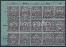 1913 Turul 50f ívsarki 15-ös tömb, benne 35f lemezhiba (200.000)