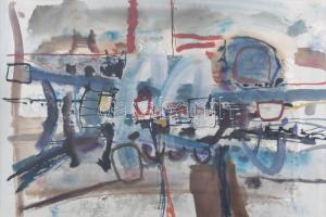 Misch Ádám (1935-1995): Úton (cím nélkül), 1965. Akvarell, papír, jelezve jobbra lent, üvegezett fakeretben, 34×49 cm.