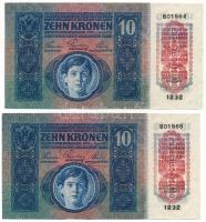 1915. 10K (2x) sorszámkövetők "1232 801564 - 1232 801565" piros hamis (?) felülbélyegzésse...