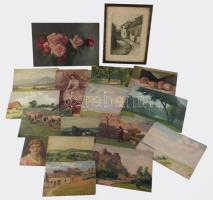 Kb 100 db festmény, grafika, rajz, néhány keretezett fotó, közte D. Némethy Miklós részben jelzett o...