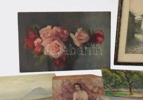 Kb 100 db festmény, grafika, rajz, néhány keretezett fotó, közte D. Némethy Miklós részben jelzett o...