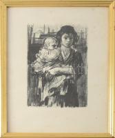 Ék Sándor (1902-1975): Kislány babával. Litográfia, papír, jelzett, 19x11 cm. Üvegezett keretben