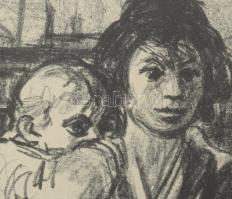 Ék Sándor (1902-1975): Kislány babával. Litográfia, papír, jelzett, 19x11 cm. Üvegezett keretben