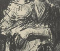 Ék Sándor (1902-1975): Kislány babával. Litográfia, papír, jelzett, 19x11 cm. Üvegezett keretben