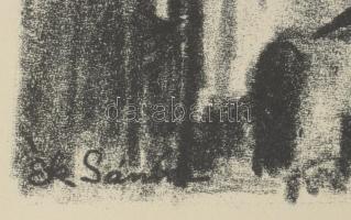 Ék Sándor (1902-1975): Kislány babával. Litográfia, papír, jelzett, 19x11 cm. Üvegezett keretben