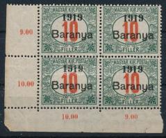 Baranya 1919 Portó 10f ívsarki négyestömb antikva számmal, Bodor vizsgálójellel