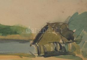 Jelzés nélkül: Vízparti táj. Akvarell, papír, Üvegezett keretben 42x36 cm