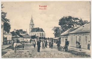 1906 Tasnád, Piactér, templom. Löwinger L. kiadása / market square, church (ázott sarok / wet corner)