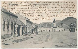 1922 Nagybánya, Baia Mare; Erdő utca, Széna tér, Kovács Lajosné üzlete. Kovács Gyula kiadása / street view, square, shops (EK)