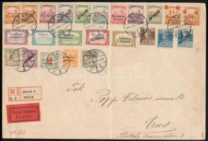 Arad 1919 Nagyméretű helyi expressz ajánlott filatelista levél 24 bélyeggel bérmentesítve, "ARAD" Bodor vizsgálójellel