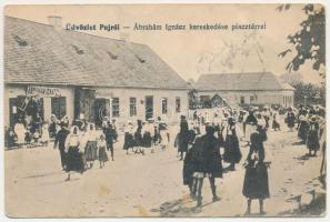 1921 Puj, Pui (Hunyad); Ábrahám Ignác kereskedése a piactérrel, Takarékpénztár, üzletek. Ábrahám Ignác saját kiadása / publisher's shop, savings bank, market square (EB)