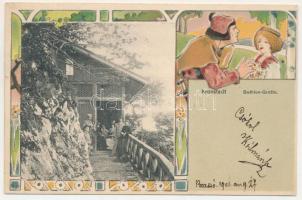 1901 Brassó, Kronstadt, Brasov; Bethlen-Grotte / Bethlen-barlang, vendéglő. Szecessziós-virágos litho keret / Pestera lui Bethlen / cave restaurant. Art Nouveau, litho frame (EK)