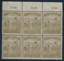1920/1924 Arató 600K ívszéli 6-os tömb, a felső sor 3 bélyege elkenődött és felismerhetetlen számokkal (fogelválások, gumiér / aparted perfs., gum crease)