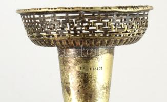 Antik ezüstözött art deco gyertyatartó, jelzett, kopással, m: 14,5 cm