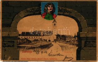 1902 Csáktornya, Cakovec; Zrínyi vár. Szecessziós keret Zrínyi Miklóssal. Fischel Fülöp (Strausz Sándor) kiadása / castle, coat of arms. Art Nouveau, litho frame (EK)