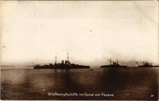 Fazana, Fasana; Grosskampschiffe im Kanal / WWI K.u.K. Kriegsmarine battleships. R. Marincovich (Pola) photo (fl)