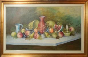 Olvashatatlan jelzéssel: Csendélet. Olaj, vászon. Dekoratív, kissé sérült fakeretben, 60×120 cm. KIZÁRÓLAG SZEMÉLYES ÁTVÉTEL, NEM POSTÁZZUK! / ONLY PERSONAL COLLECTION AT OUR OFFICE!