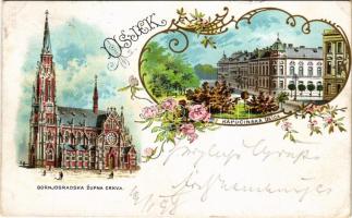 1898 Eszék, Essegg, Osijek; Gornjogradska zupna crkva, Kapucinska ulica / Plébániatemplom, Kapucinus utca / parish church, street view. Art Nouveau, floral, litho (EB)