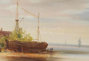 Tiszavölgyi Ferenc (1946-): Bárkaépítők. Olaj, vászon. Jelzett. Dekoratív fakeretben, 30×40 cm