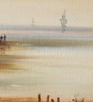 Tiszavölgyi Ferenc (1946-): Bárkaépítők. Olaj, vászon. Jelzett. Dekoratív fakeretben, 30×40 cm