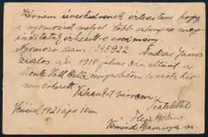 Baranya II. 1921 Díjjegyes levelezőlap díjkiegészítéssel, barcsi cenzúrával, a feladó halála miatt a...