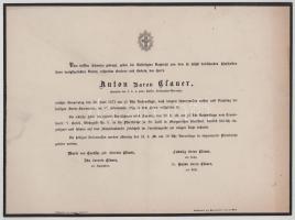 1872 báró Clauer Antal (1825-1872) 1848/49-es honvédszázados halotti értesítője, 20,5x27,5 cm (1848. decemberében főhadnagy a 53. honvédzászlóaljnál, 1849. márciusától százados a 36. zászlóaljnál, melynél az aradi erőd védelmében a vár feladásáig szolgál. 1850-ben Aradon halálra, majd 12 év várfogságra ítélik, 1852-ben kegyelmet kap. 1867-től a Pozsony megyei Honvédegylet tagja.)