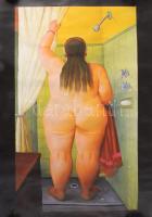 cca 1990 Fernando Botero (-): Nő a zuhanyzóban. Ofszet nyomat, papír. Jelzett a nyomaton. Apró felületi sérülésekkel. Ázásnyommal. Feltekerve. Apró lyukakkal. 59×42 cm