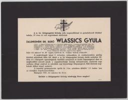 1937 Bp., zalánkeméni báró Wlassics Gyula (1852-1937) jogász, közjogi író, vallás- és közoktatásügyi miniszter, a Főrendiház illetve a Felsőház elnöke halotti értesítője, 23x30 cm