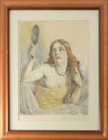 Prihoda István (1891-1956): Fésülködő. Rézkarc, papír. Jelzett. Üvegezett fakeretben. 34,5x27 cm