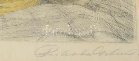 Prihoda István (1891-1956): Fésülködő. Rézkarc, papír. Jelzett. Üvegezett fakeretben. 34,5x27 cm