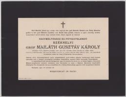 1940 Bp., székhelyi gróf Majláth (Mailáth) Gusztáv Károly (1864-1940) római katolikus pap, volt erdélyi (gyulafehérvári) püspök, címzetes érsek halotti értesítője, kis lapszéli sérüléssel, 23x30 cm