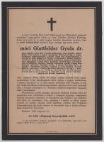 1943 Bp., móri Glattfelder Gyula (1874-1943) csanádi püspök, kalocsai érsek halotti értesítője, 25x18 cm