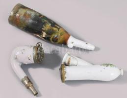 3 db sérült antik Porcelán pipa, klf motívummal festett osztrák XIX. sz. 21 cm