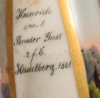 1861 Antik Porcelán pipa, Heiderlberg, kézzel festett, feliratozott. 12 cm