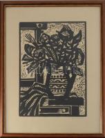 Kádár György (1912-2002): Csendélet. Linómetszet, papír, jelzett. Üvegezett fakeretben. 33x24 cm