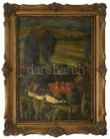 Goór Imre (1921-2016): Hegytetőről, Diósgyőr, 1953. Olaj, rétegelt falemez, jelzett és autográf ajándékozási sorokkal a hátoldalán. Dekoratív fakeretben. 38x28 cm