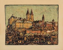 Réti Mátyás (1922-2002): Veszprém. Színes linómetszet, papír, jelzett, kartonra kasírozva, 28×36,5 cm