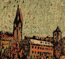 Réti Mátyás (1922-2002): Veszprém. Színes linómetszet, papír, jelzett, kartonra kasírozva, 28×36,5 c...