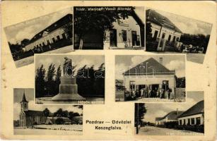 1938 Keszegfalva, Kamenicná; Rim. kath. skola, Nádr. stanica, Obecny dom, Obchod, Rim. kath. Kostol, Hlav. ulica / Római katolikus templom és iskola, vasútállomás, községháza, Hősök szobra, üzlet, Fő utca / Roman Catholic church and school, railway station, town hall, monument, shop, street + "1938 Komárom visszatért" So. Stpl. (lyukak / pinholes)