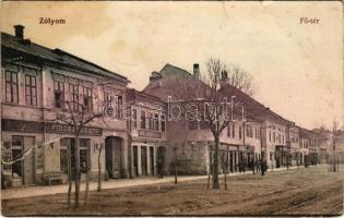 Zólyom, Zvolen; Fő tér, Fircsay János üzlete, Hungária szálloda / main square, hotel, shops (fl)