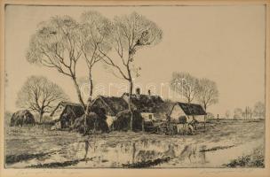 Csergezán Pál (1924-1996): Csengődi tanya, rézkarc, papír, jelzett, paszpartuban, 23×36,5 cm