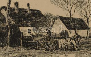 Csergezán Pál (1924-1996): Csengődi tanya, rézkarc, papír, jelzett, paszpartuban, 23×36,5 cm