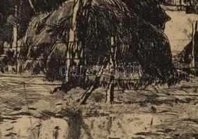 Csergezán Pál (1924-1996): Csengődi tanya, rézkarc, papír, jelzett, paszpartuban, 23×36,5 cm
